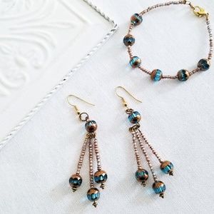 Handmade Teal & Glass Beaded Earrings & Bracelet